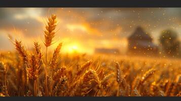 AI generated Ears of golden wheat in close-up. Beautiful natural landscape at sunset. A field with wheat photo