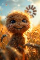 AI generated A cheerful cartoon sunny character in a field with wheat. 3d illustration photo