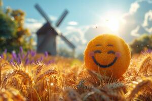 AI generated A cheerful cartoon sunny character in a field with wheat and a mill. 3d illustration photo