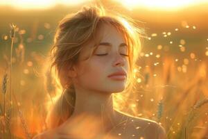 AI generated A girl and ears of golden wheat. Beautiful natural landscape at sunset photo