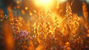 ai generado orejas de dorado trigo en de cerca. hermosa natural paisaje a puesta de sol. un campo con trigo foto