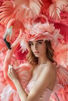 AI generated Artistic photo of a young beautiful girl with a pink flamingo