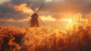 AI generated Ears of golden wheat and a mill. Beautiful natural landscape at sunset. A field with wheat photo