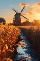 AI generated Ears of golden wheat and a mill. Beautiful natural landscape at sunset. A field with wheat photo