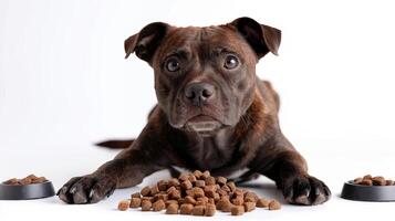 AI generated The brown American Staffordshire Terrier lies near the feed on the white photo