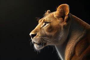 AI generated Portrait of a lioness in profile on a black background photo