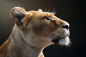 AI generated Portrait of a lioness in profile on a black background photo