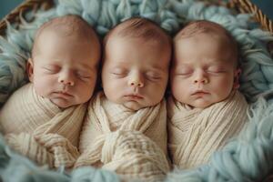 ai generado Tres recién nacido niños . foto disparar de recién nacido bebés