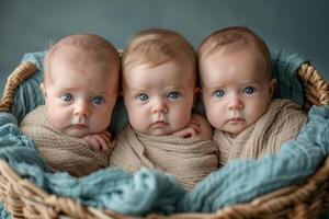 AI generated Three newborn children . Photo shoot of newborn babies