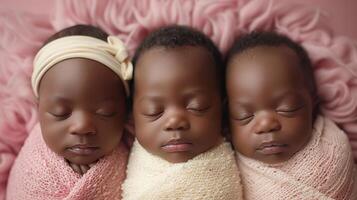 AI generated Three newborn children . Photo shoot of newborn babies