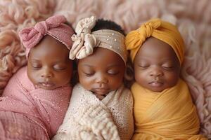 AI generated Three newborn children . Photo shoot of newborn babies