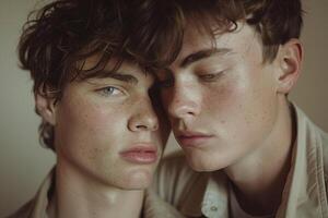 AI generated Portrait of a gay couple on a wall background photo