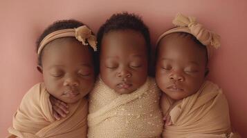 AI generated Three newborn children . Photo shoot of newborn babies