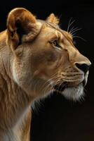 AI generated Portrait of a lioness in profile on a black background photo