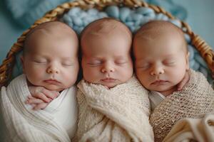 ai generado Tres recién nacido niños . foto disparar de recién nacido bebés