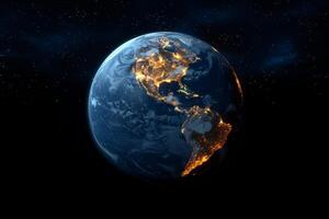 AI generated Planet Earth from outer space at night with city lights. 3d illustration photo