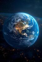 AI generated Planet Earth from outer space at night with city lights. 3d illustration photo
