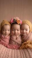 AI generated Three newborn children . Photo shoot of newborn babies