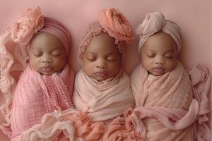 AI generated Three newborn children . Photo shoot of newborn babies