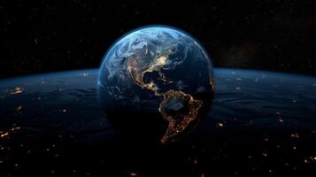 AI generated Planet Earth from outer space at night with city lights. 3d illustration photo