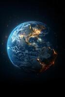 AI generated Planet Earth from outer space at night with city lights. 3d illustration photo