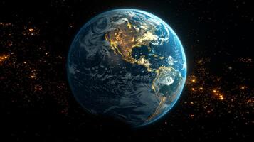 AI generated Planet Earth from outer space at night with city lights. 3d illustration photo
