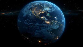 AI generated Planet Earth from outer space at night with city lights. 3d illustration photo