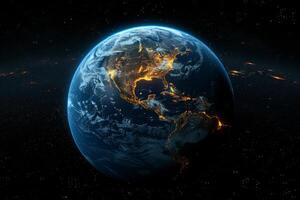 AI generated Planet Earth from outer space at night with city lights. 3d illustration photo