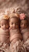 AI generated Three newborn children . Photo shoot of newborn babies