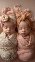 AI generated Three newborn children . Photo shoot of newborn babies