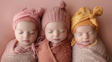 AI generated Three newborn children . Photo shoot of newborn babies