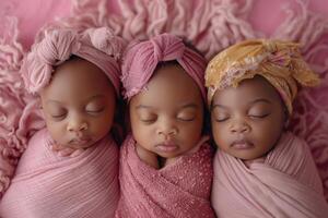 AI generated Three newborn children . Photo shoot of newborn babies