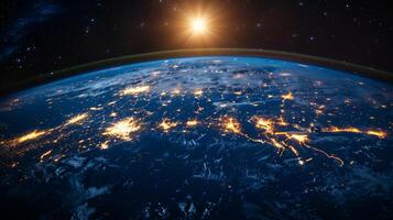AI generated Planet Earth from outer space at night with city lights. 3d illustration photo
