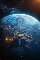 AI generated Planet Earth from outer space at night with city lights. 3d illustration photo
