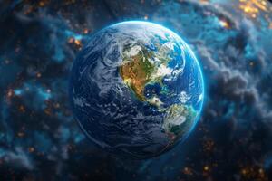 AI generated Planet Earth from outer space at night with city lights. 3d illustration photo