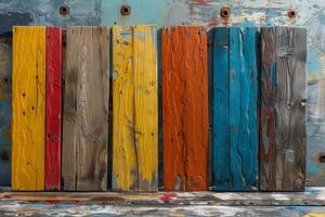 AI generated Colorful wooden planks on the beach by the sea photo