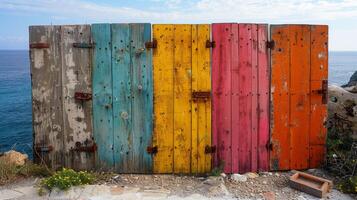 AI generated Colorful wooden planks on the beach by the sea photo