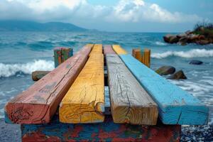 AI generated Colorful wooden planks on the beach by the sea photo