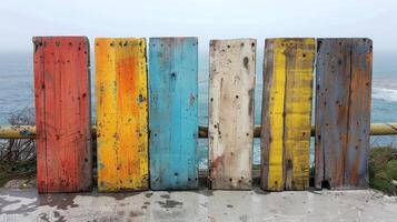 AI generated Colorful wooden planks on the beach by the sea photo