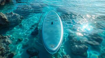 AI generated Blue SUP board on the background of the sea photo
