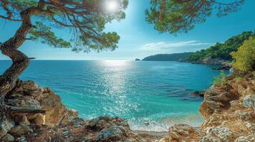 ai generado griego playa, mar y rocas el recurso paisaje foto