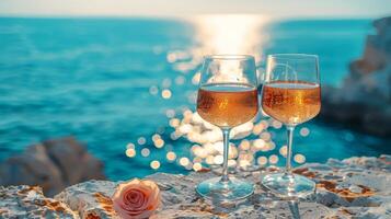 AI generated glasses of cold pink wine on a sunny beach near the sea photo