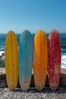 AI generated A set of SUP boards on the background of the sea. Active leisure photo