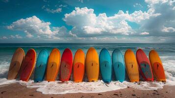 AI generated A set of SUP boards on the background of the sea. Active leisure photo