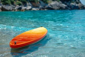 AI generated Multicolored SUP board on a blue sea background photo