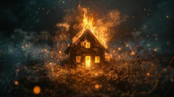 AI generated a toy wooden house on fire. The concept of security photo