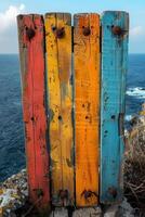 AI generated Colorful wooden planks on the beach by the sea photo