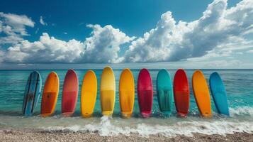 AI generated A set of SUP boards on the background of the sea. Active leisure photo