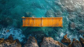 AI generated A yellow pier standing right in the sea near the shore. Top view of the pier photo