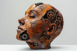 AI generated A human head with a toothed clockwork mechanism. The concept of thinking, decision-making. 3d illustration photo